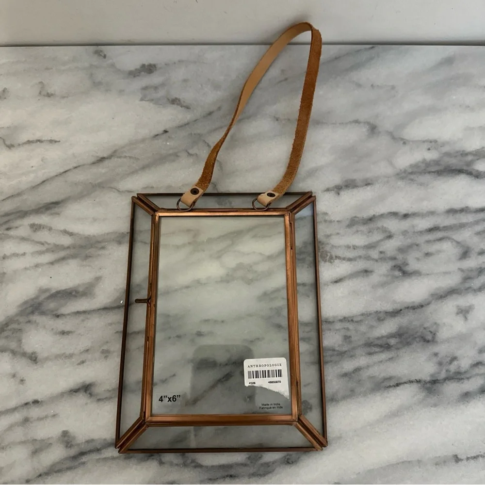 Anthropologie Townsend brass box style picture photo frame with leather string